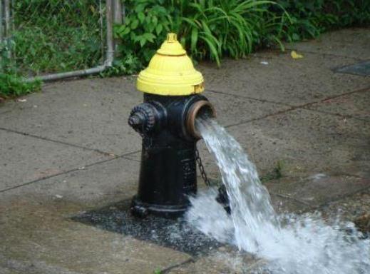 A fire hydrant open with water pouring out; being flushed